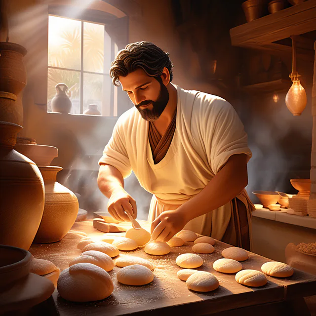 Ancient Greek bakers preparing 'plakous', highlighting the simple yet foundational ingredients.