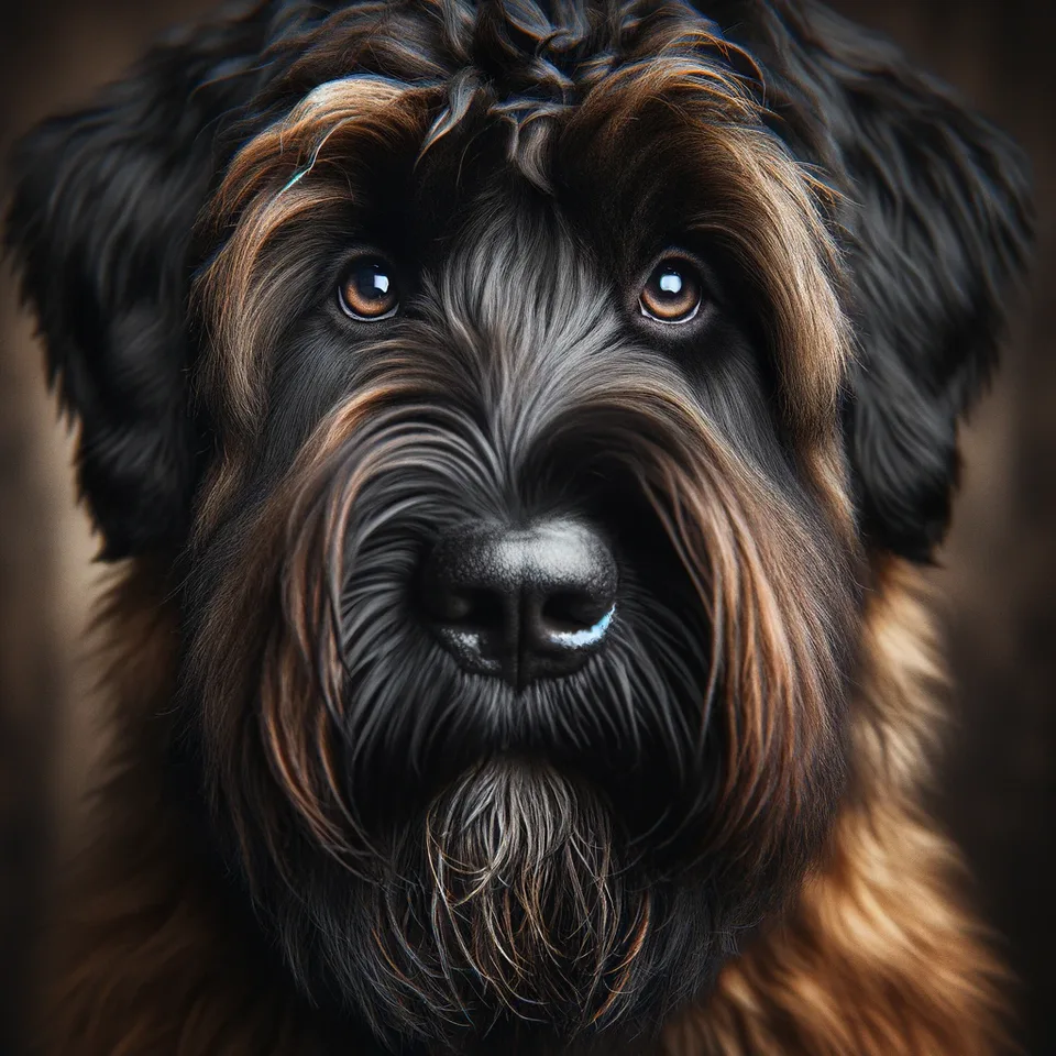 The Bouvier's face is distinctively adorned with a characteristic beard and shaggy eyebrows,