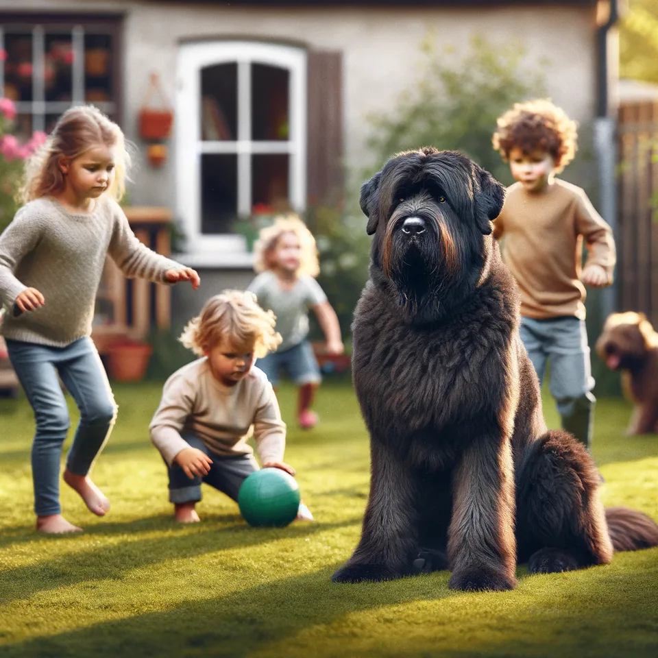 Bouvier des Flandres watching over children playing