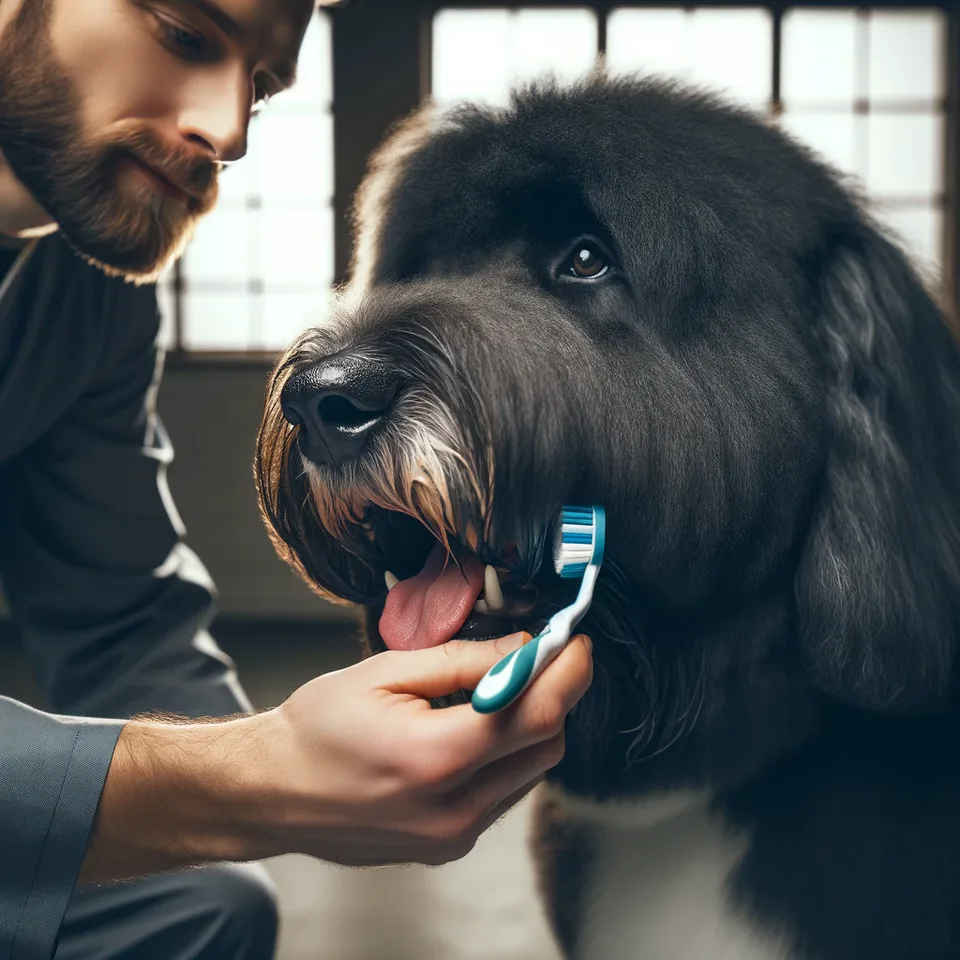 a Bouvier des Flandres having his teeth brushed