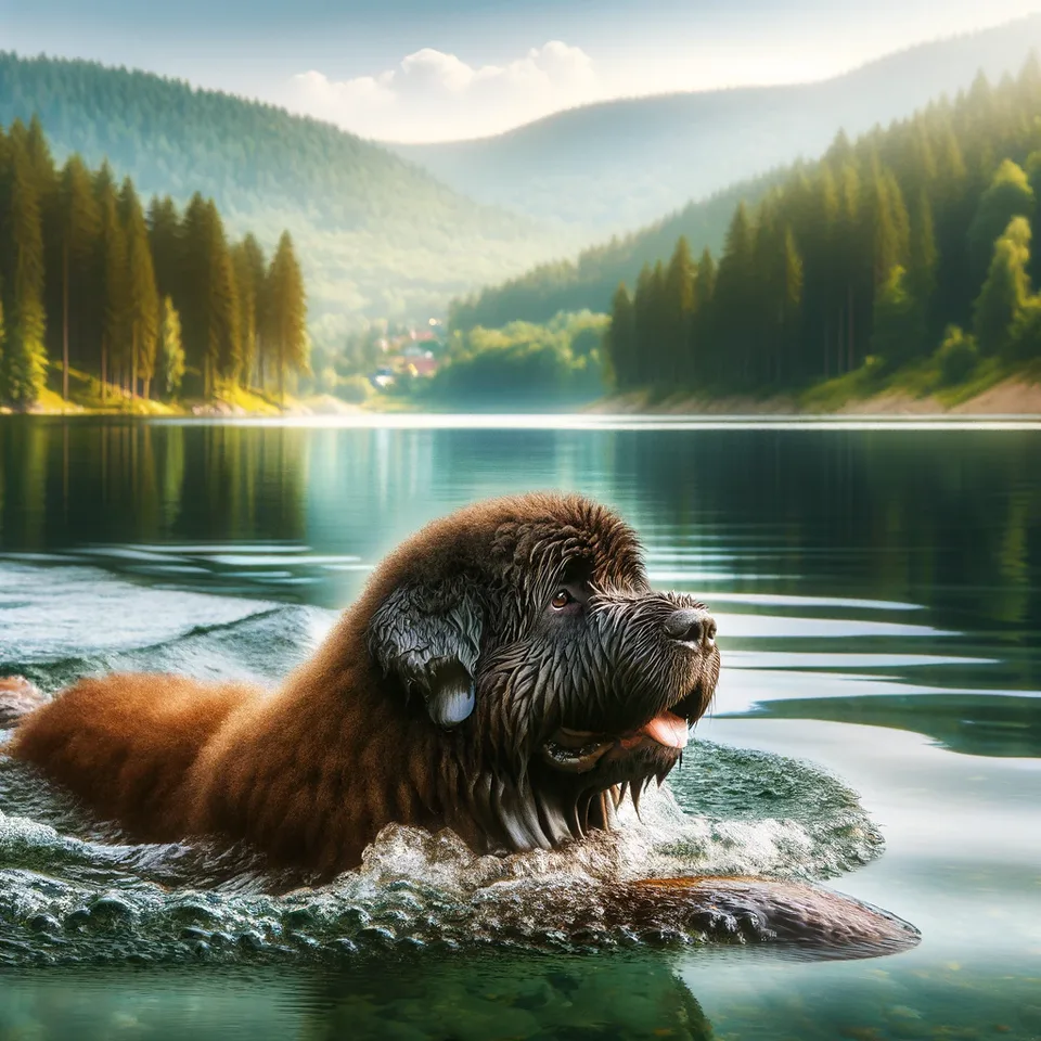 a Bouvier des Flandres swimming in a lake in a forest