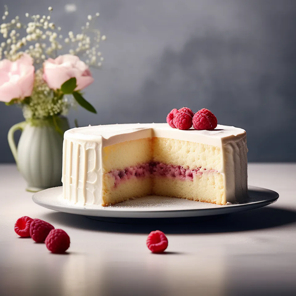 Genoise sponge cake filled with cream and raspberries.