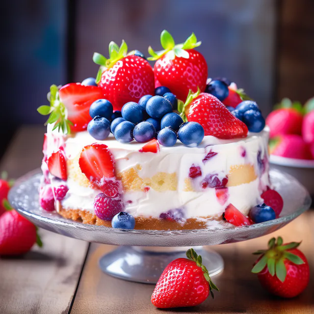 A light angel food cake topped with strawberries, blueberries and raspberries