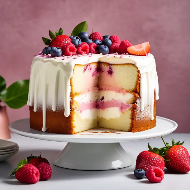 Chiffon cake with pink layers, white icing and berries.