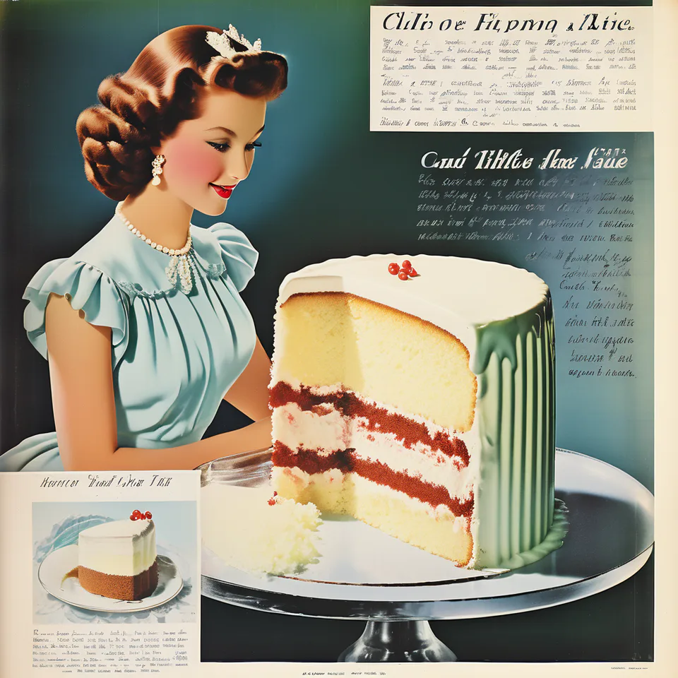 Vintage-style 1940s advertisement illustrating the history of chiffon cake.