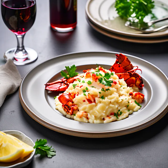 Lobster risotto garnished with lobster and herbs.