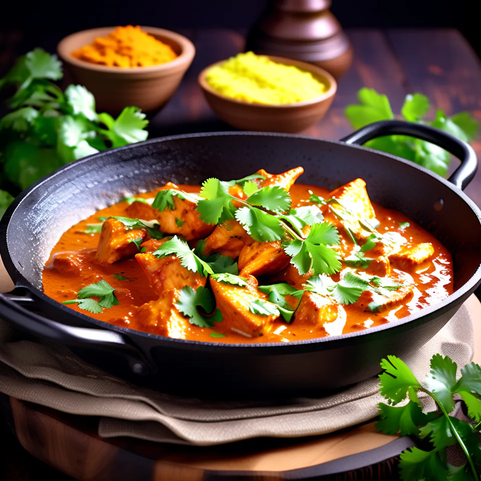 Bowl of chicken tikka masala garnished with coriander.
