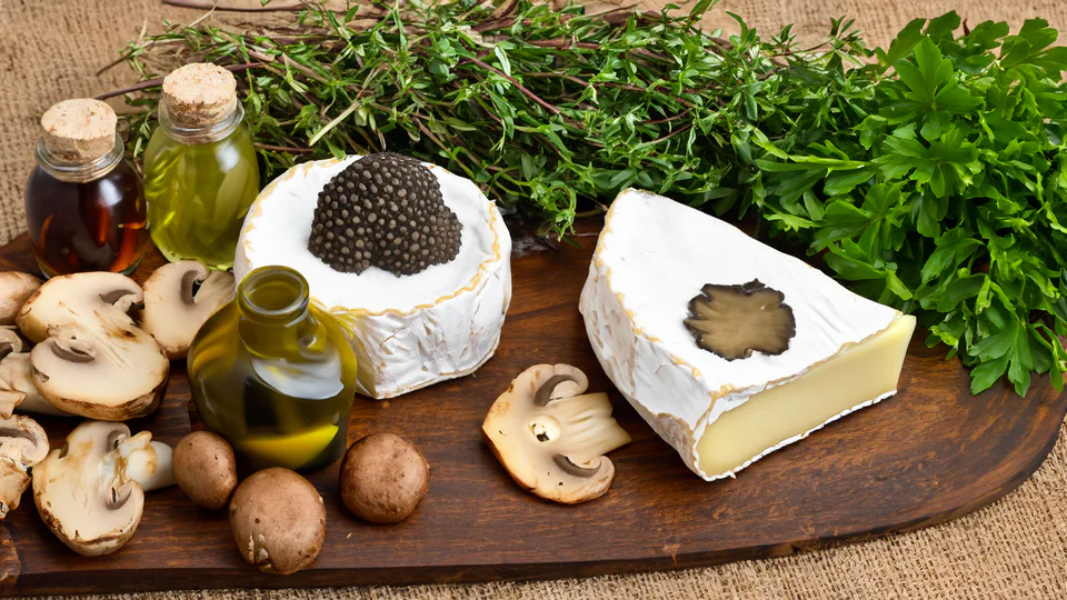 Mushrooms, soft cheese and herbs for a frittata.