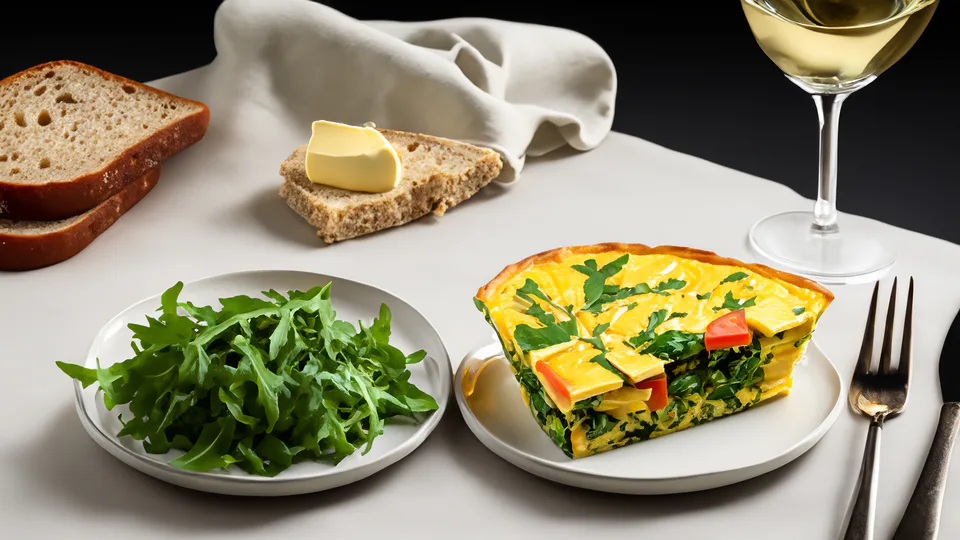 Slice of vegetable frittata served with salad and bread.