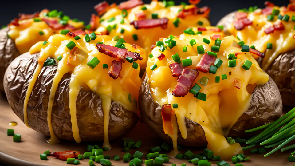 Twice-baked potatoes topped with cheese and colourful garnish.