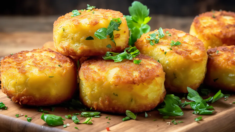 Golden potato croquettes served with herbs.