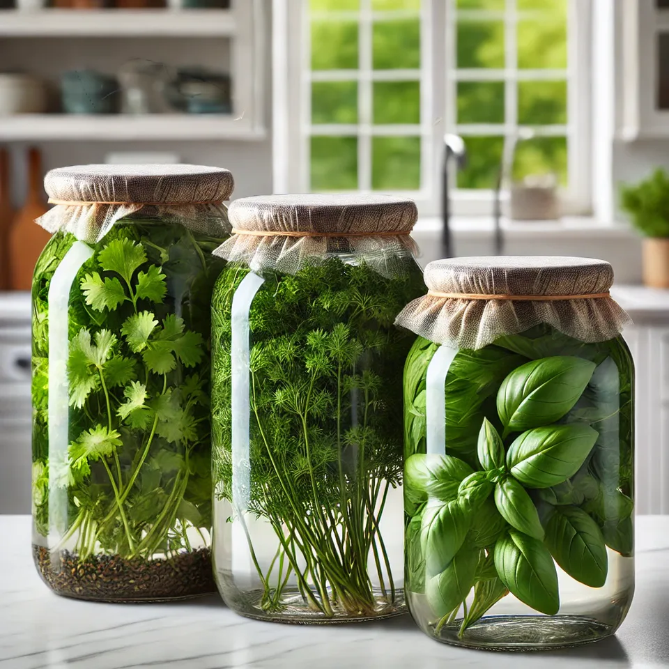 Soft Herbs (Cilantro, Parsley, Basil) in jars.