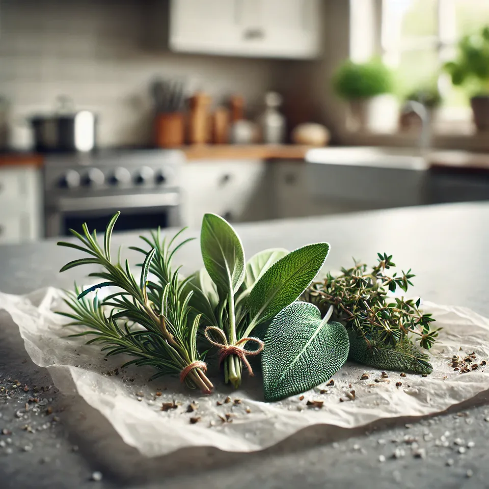 rosemary, thyme, and sage laid out on a damp paper towel on a clean, modern kitchen counter.