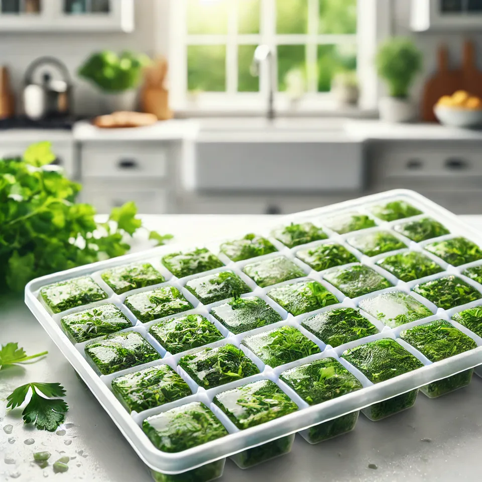 ice cube tray filled with finely chopped herbs and water, ready for freezing.