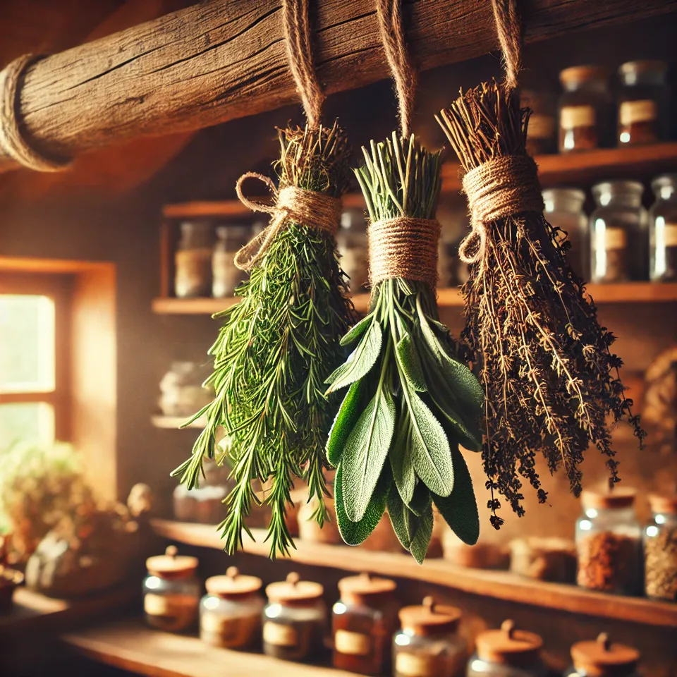 herb bundles, including rosemary, thyme, and sage, tied up and hanging upside down in a warm, cozy kitchen or rustic pantry