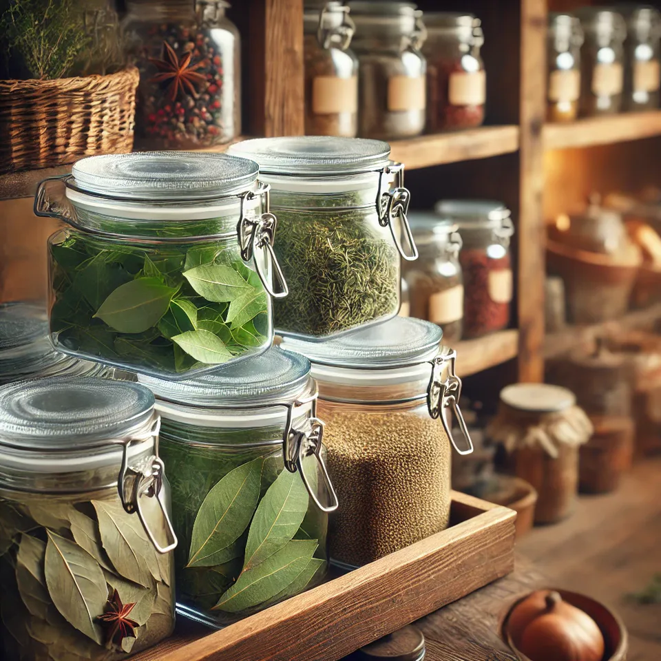 bay leaves and oregano stored in clear glass airtight containers without labels, set in a rustic pantry