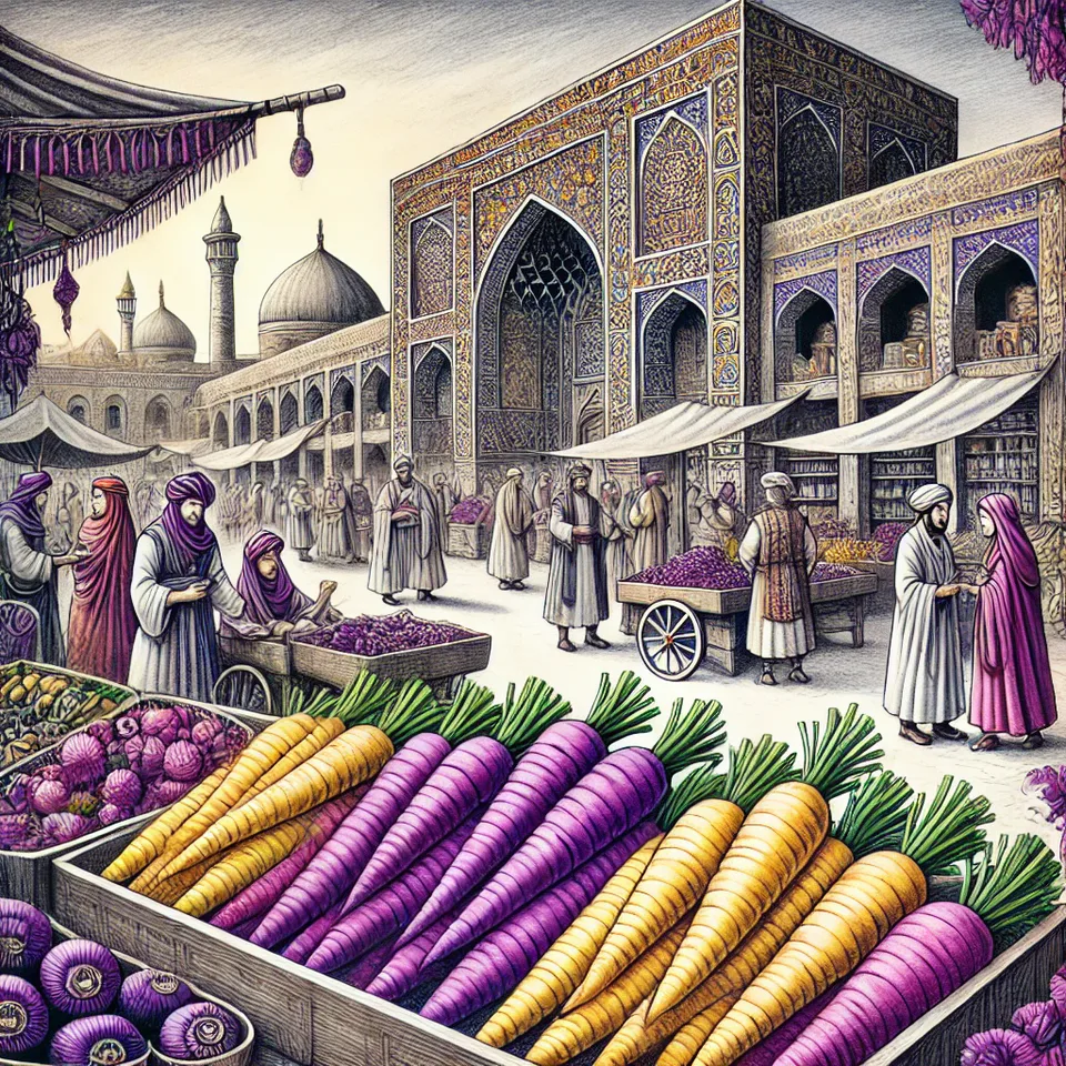 an illustration of an ancient Persian market with vibrant purple and yellow carrots prominently displayed