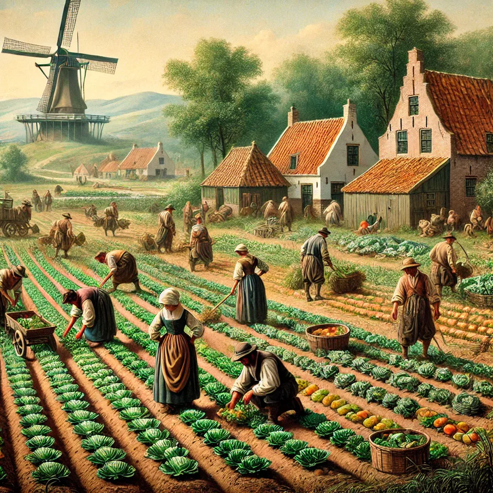 a historical painting of Dutch farmers working in the fields, capturing the essence of rural life in 17th-century Netherlands