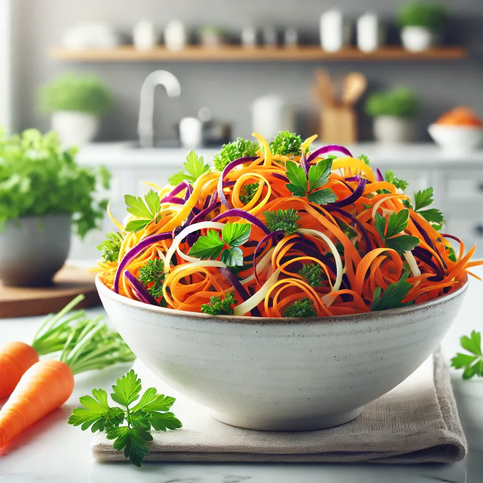 a modern image of a fresh carrot salad, featuring a mix of shredded orange, purple, yellow, and white carrots garnished with fresh herbs