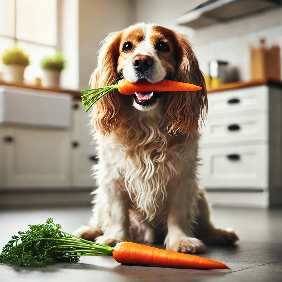 an image of a happy Spaniel munching on a carrot, capturing the joy and satisfaction of the dog enjoying its healthy snack