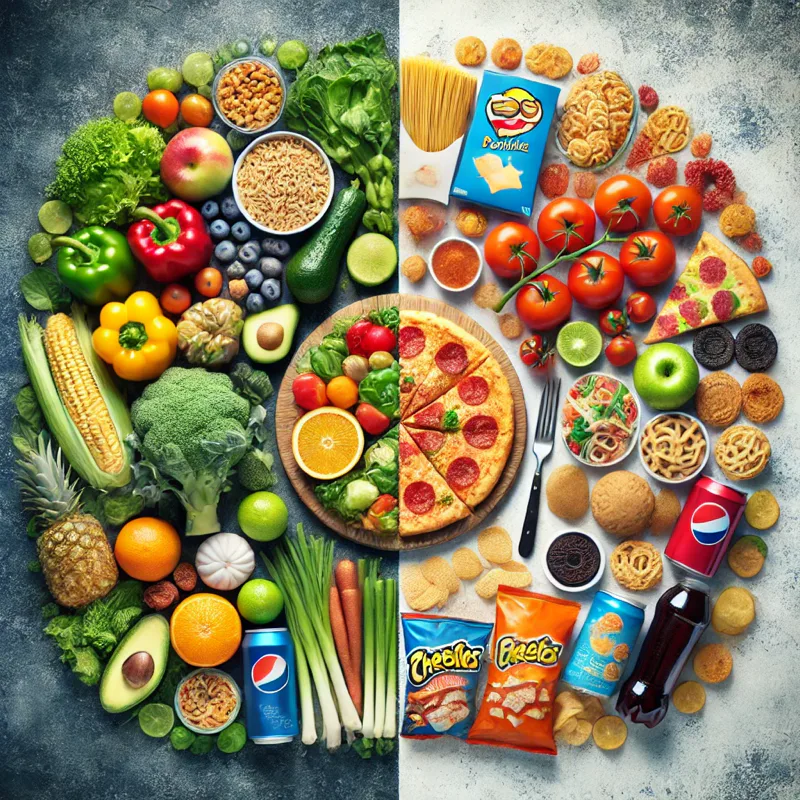 Here’s an image highlighting the stark contrast between ultra-processed foods and natural, wholesome alternatives. It visually emphasizes the difference in health appeal, color, and texture, aligning perfectly with the message of mindful eating.