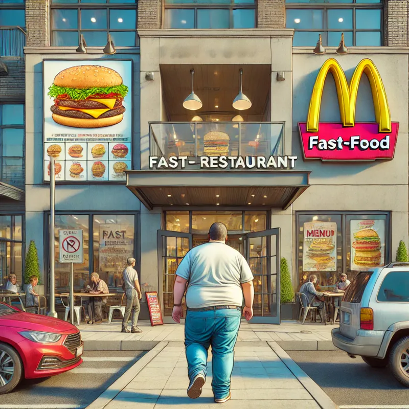 Here is an image of a fast-food restaurant with a larger-bodied person approaching the entrance, set in a busy urban environment. The focus is on the realistic and neutral portrayal of the scene, emphasizing the context rather than stereotypes.