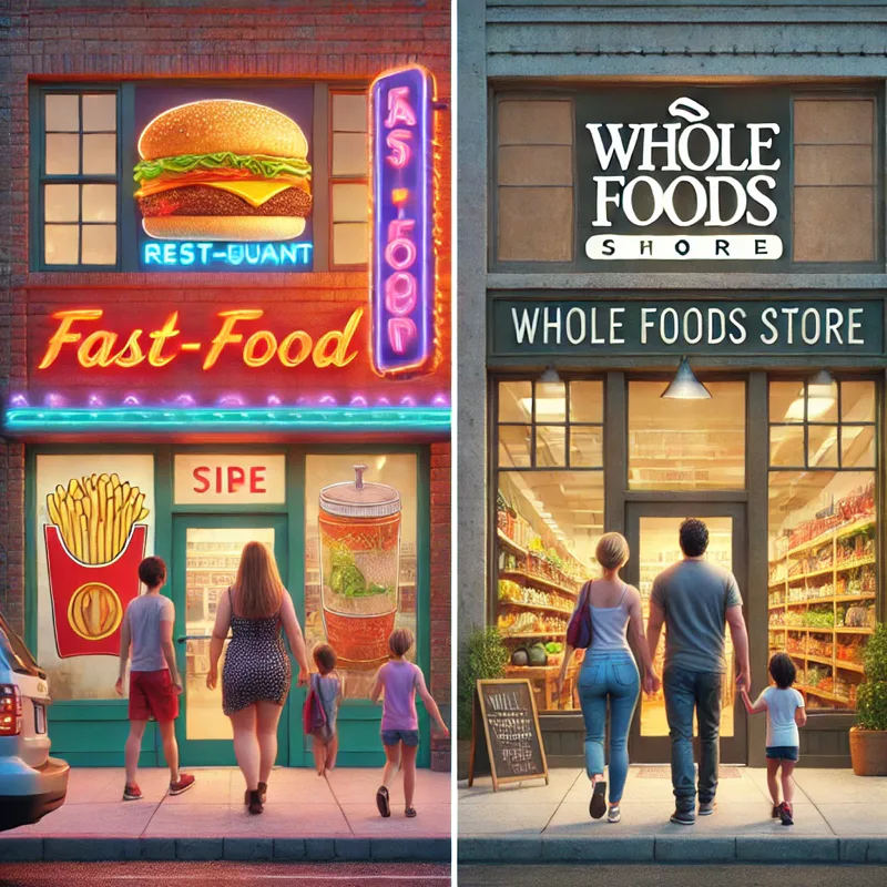 Here’s an image illustrating two contrasting shops side by side: a vibrant, enticing fast-food restaurant with a family entering and a more understated whole foods store with a different family entering. The visual contrast highlights the environmental and psychological factors influencing dietary choices.