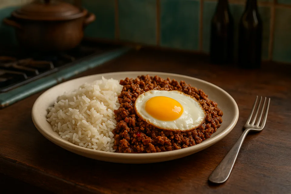Arroz a la Cubana with rice, seasoned mince and a fried egg.
