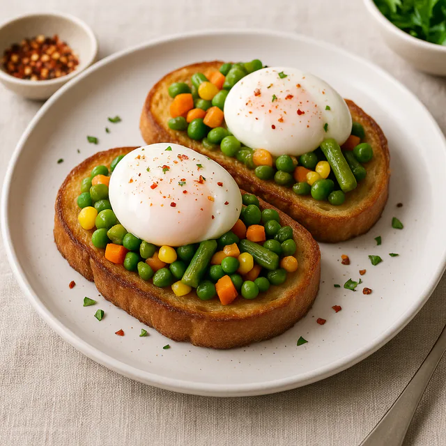 Savoury pain perdu topped with peas, carrots and poached eggs.