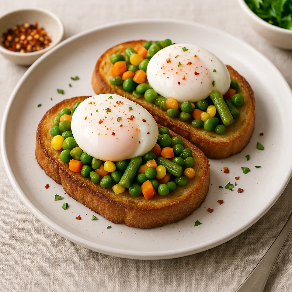 Savoury pain perdu topped with peas, carrots and poached eggs.