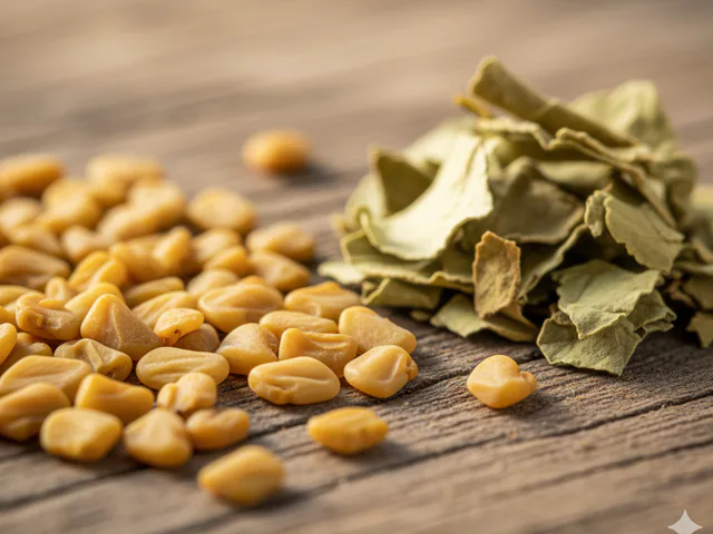 Fenugreek seeds and dried fenugreek leaves on a rustic wooden surface