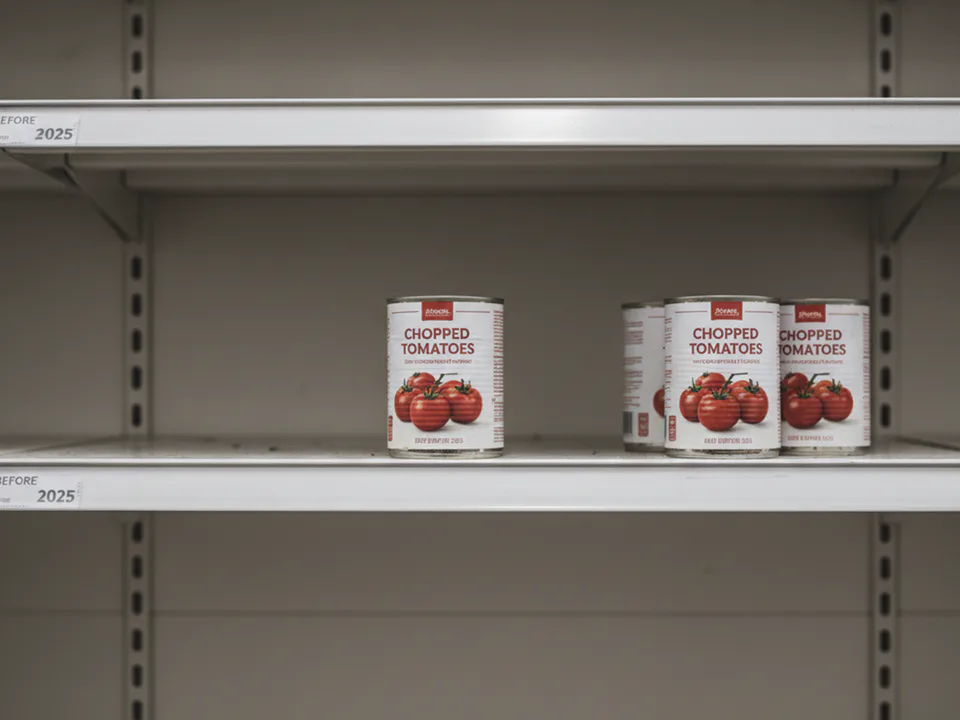 Nearly empty supermarket shelf with just a few tins of chopped tomatoes, illustrating the impact of the UK manufacturing slump on food availability.