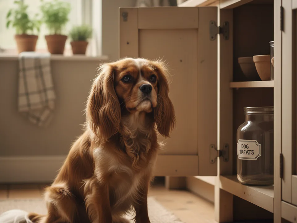 Spaniel sitting beside an open kitchen cupboard with an empty dog treat jar, symbolising how supply issues affect pet food and daily life.
