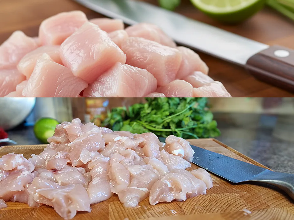 2 pictures of diced chicken one real one AI