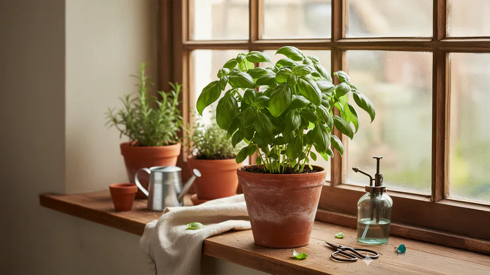 Fresh basil plant growing in a terracotta pot on a sunny kitchen windowsill – home herb garden scene from Cooking, Clicks & Canines.