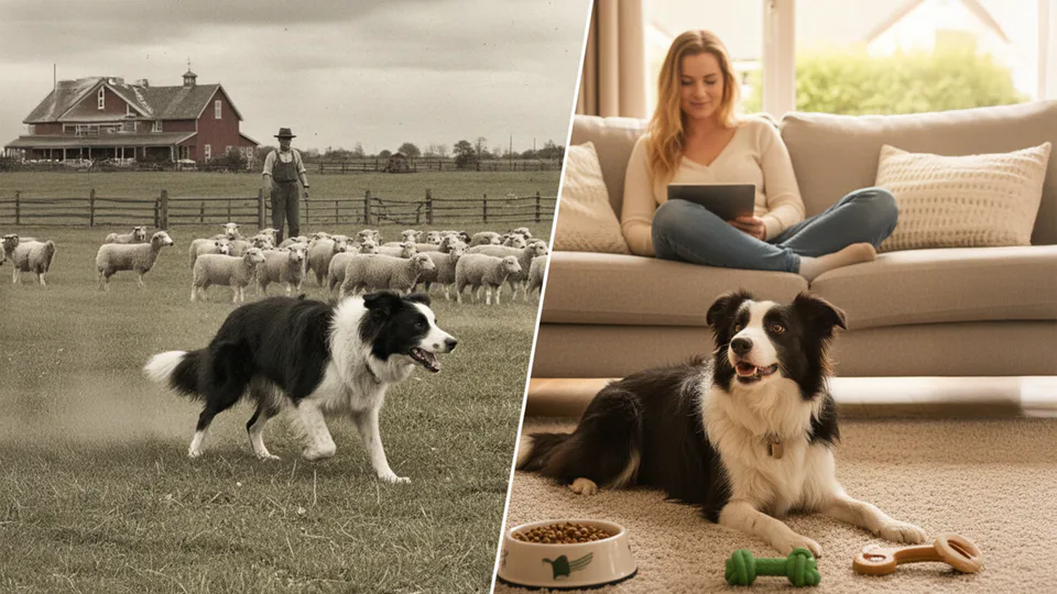 Split-scene image showing two eras — on the left, a vintage-style working farm dog herding sheep; on the right, a modern dog lounging indoors with its owner.