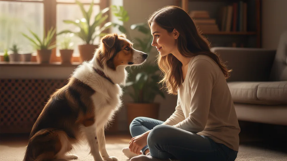 A human and dog sitting face-to-face, both with thoughtful expressions, symbolizing connection and mutual understanding. Natural sunlight, soft background blur, emotional and warm atmosphere.