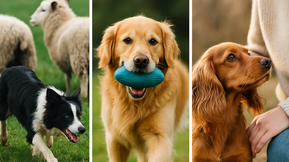 Different dog breeds showing working, retrieving, and emotional intelligence.