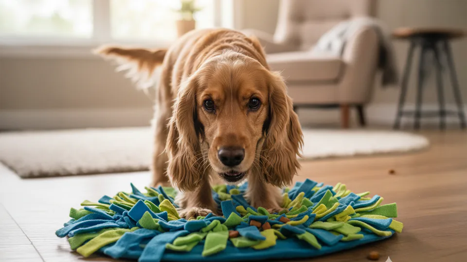A dog using an interactive puzzle feeder for mental enrichment.”