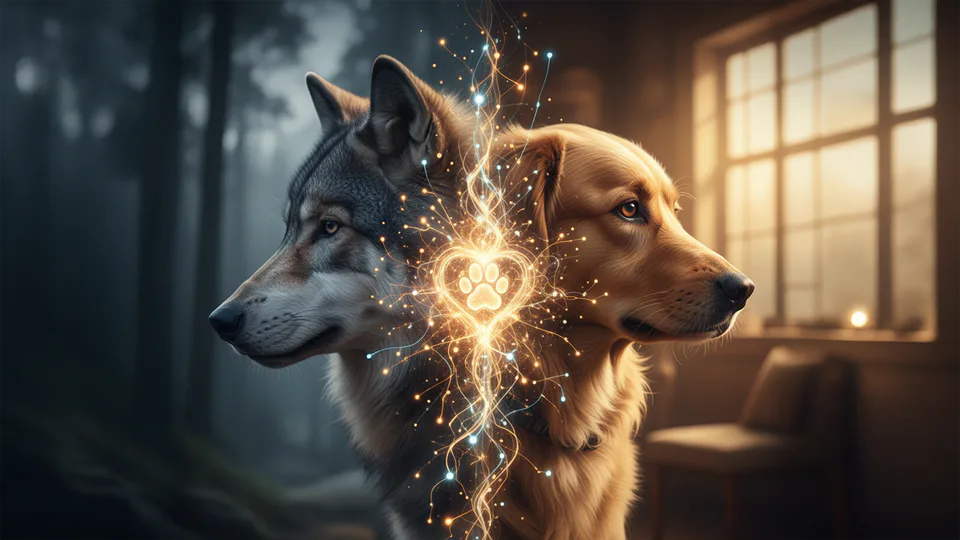 Artistic blend of wolf and modern dog, symbolising evolution and intelligence