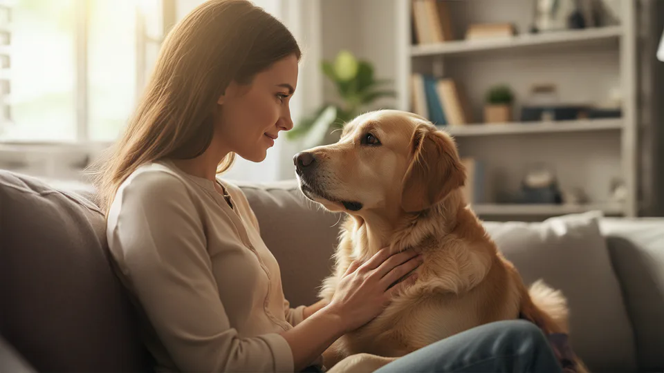 A dog and human sharing eye contact and calm touch, illustrating emotional literacy and the human-dog bond.