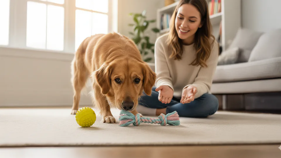 A confident dog making a choice between two toys, showing agency and self-guided learning in modern training.