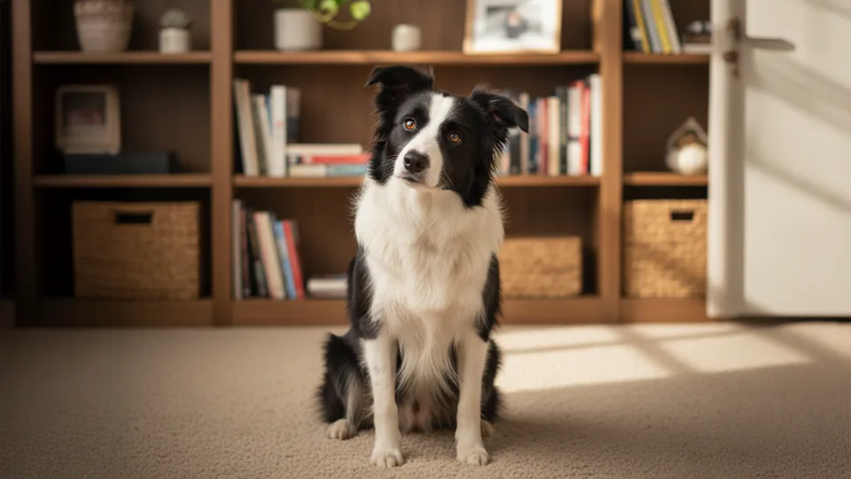 dog tilting its head attentively as its owner speaks off-camera