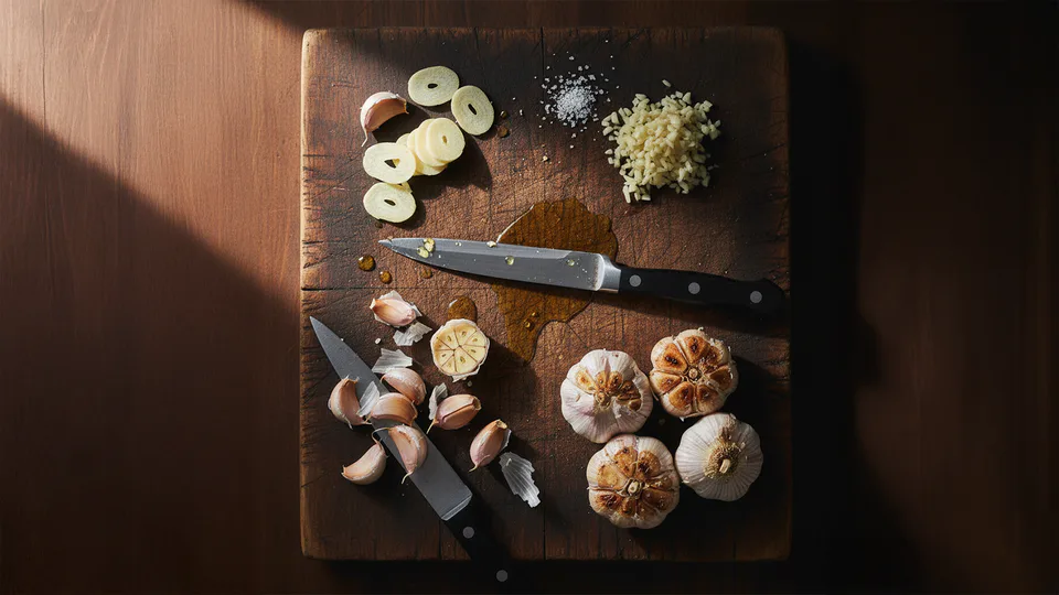 Garlic preparation techniques from gentle to bold — sliced, minced, crushed, and roasted cloves on a rustic wooden board in warm kitchen lighting.
