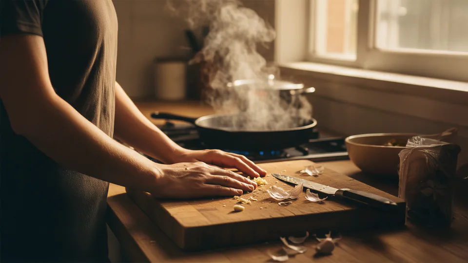 A pair of hands resting on a chopping board beside crushed garlic and cooking steam in warm evening light — symbolising reflection at the end of a meal.