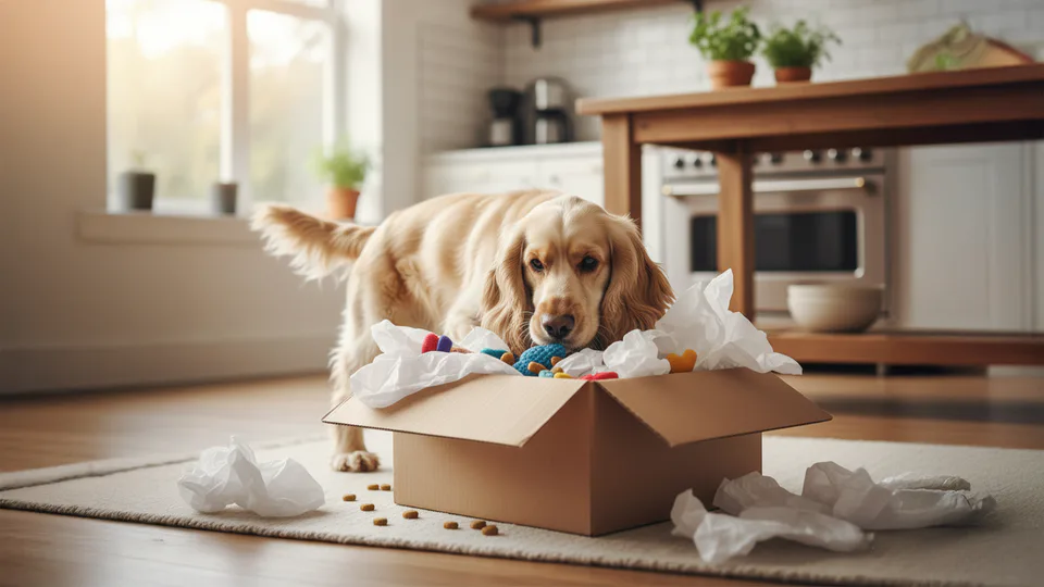 Dog using its nose to find treats in a cardboard enrichment box on a kitchen floor — illustrating scent-based play