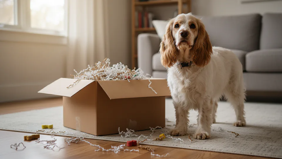 Spaniel named Dexter beside a cardboard scavenger box in soft afternoon light, symbolising enrichment and joy.