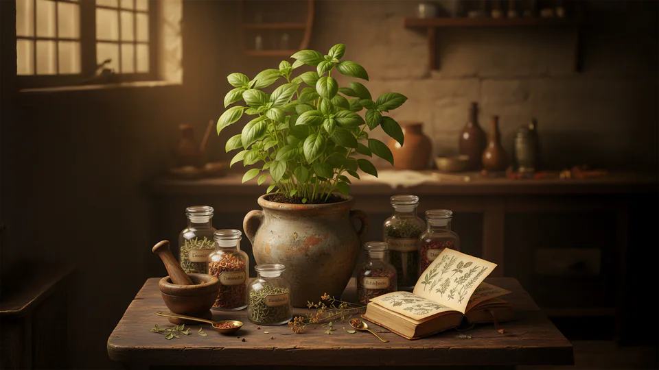 Vintage still life showing basil in a clay pot beside old herb jars — representing basil’s rich history.