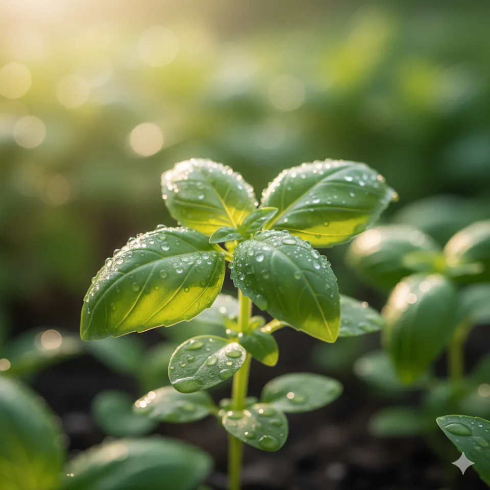 Close-up of a basil plant in morning light — representing freshness and vitality.