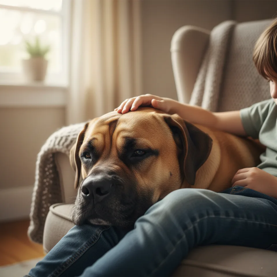 A Bullmastiff resting its head on a child’s lap, showing its affectionate nature.